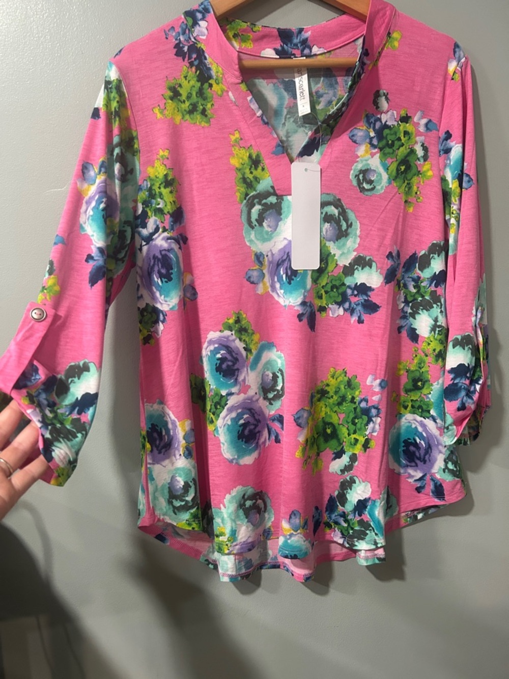 Pink Floral Split-Neck Blouse with Roll-Tab Sleeves